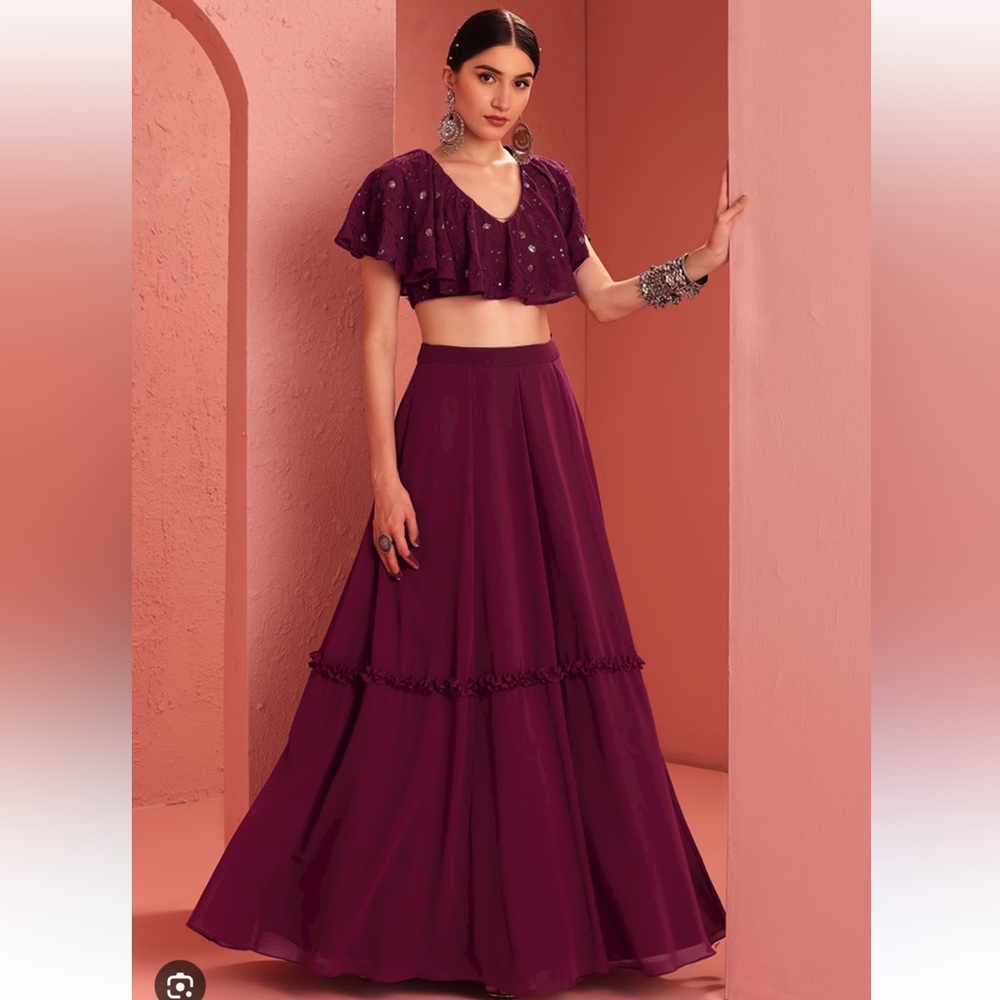 RIDHI MEHRA Wine Tiered Lehenga Skirt & Top (Never Worn)